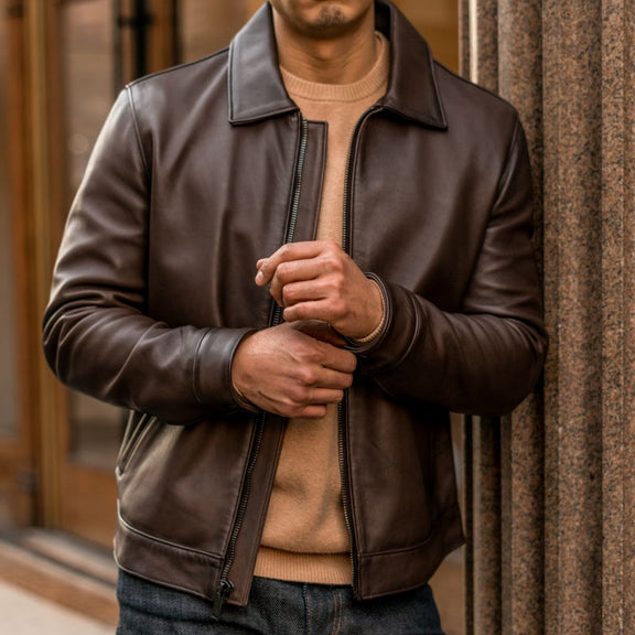  Men's Leather Jacket With Shirt Collar