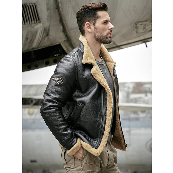 Mens Black RAF Aviator Air Force Sheepskin Shearling Leather Jacket men's RAF aviator jacket, black aviator leather jacket, sheepskin shearling jacket, Air Force leather jacket, winter fashion, men's leather outerwear, high-quality aviator jacket, stylish men's jacket, warm leather jacket, luxury aviator jacket, men's winter coat, durable leather jacket, shearling fur aviator jacket