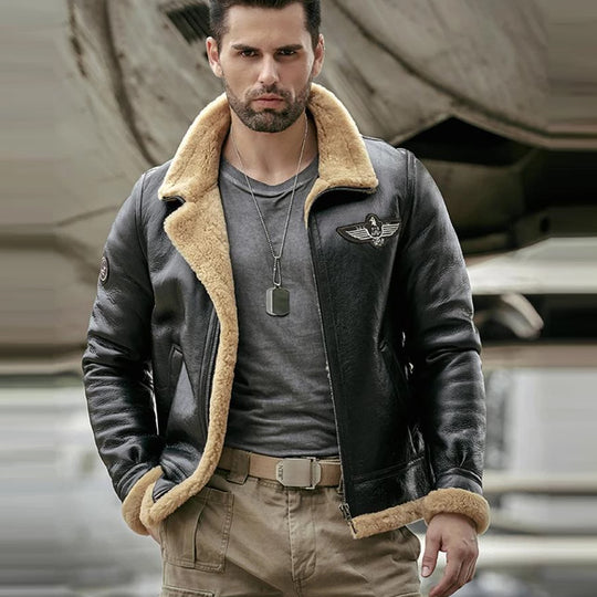 Mens Black RAF Aviator Air Force Sheepskin Shearling Leather Jacket men's RAF aviator jacket, black aviator leather jacket, sheepskin shearling jacket, Air Force leather jacket, winter fashion, men's leather outerwear, high-quality aviator jacket, stylish men's jacket, warm leather jacket, luxury aviator jacket, men's winter coat, durable leather jacket, shearling fur aviator jacket