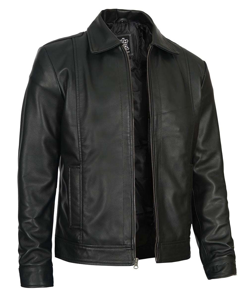 Mens Black Shirt Collar Leather Jacket Premium Quality Jacket