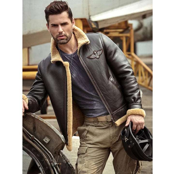 Mens Brown RAF Aviator Airforce Sheepskin Shearling Leather Jacket - Aviator Jacket