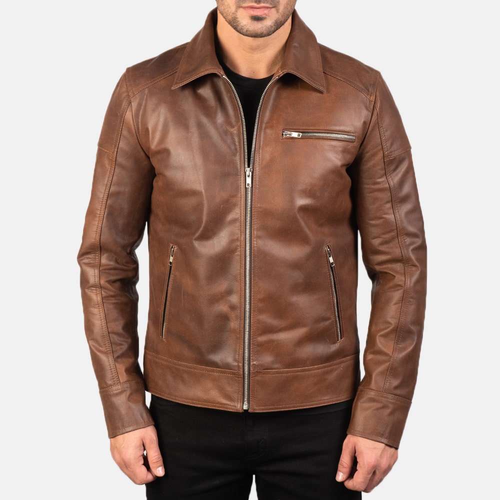Mens Brown Leather Jacket With Shirt collared - Racer Jacket