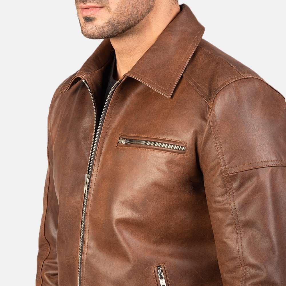 Mens Brown Leather Jacket With Shirt collared - Racer Jacket