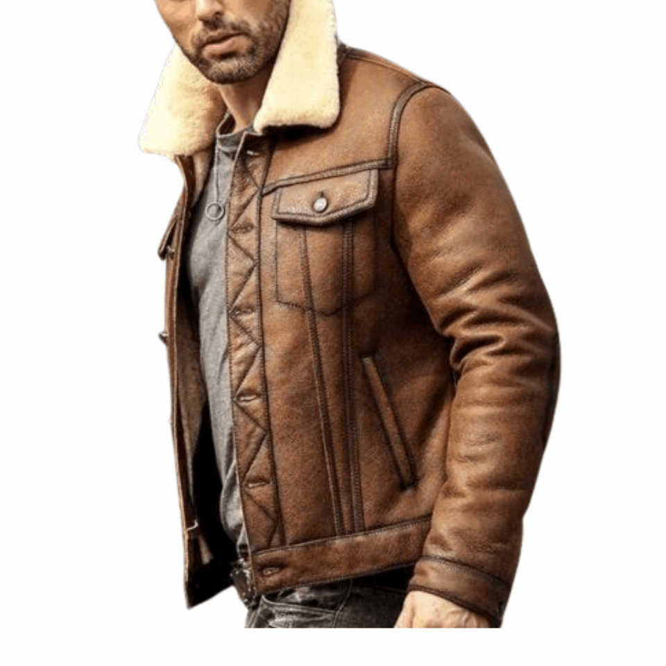 Mens RAF B3 Aviator Flight Bomber Real Shearling Brown Waxed Leather Jacket