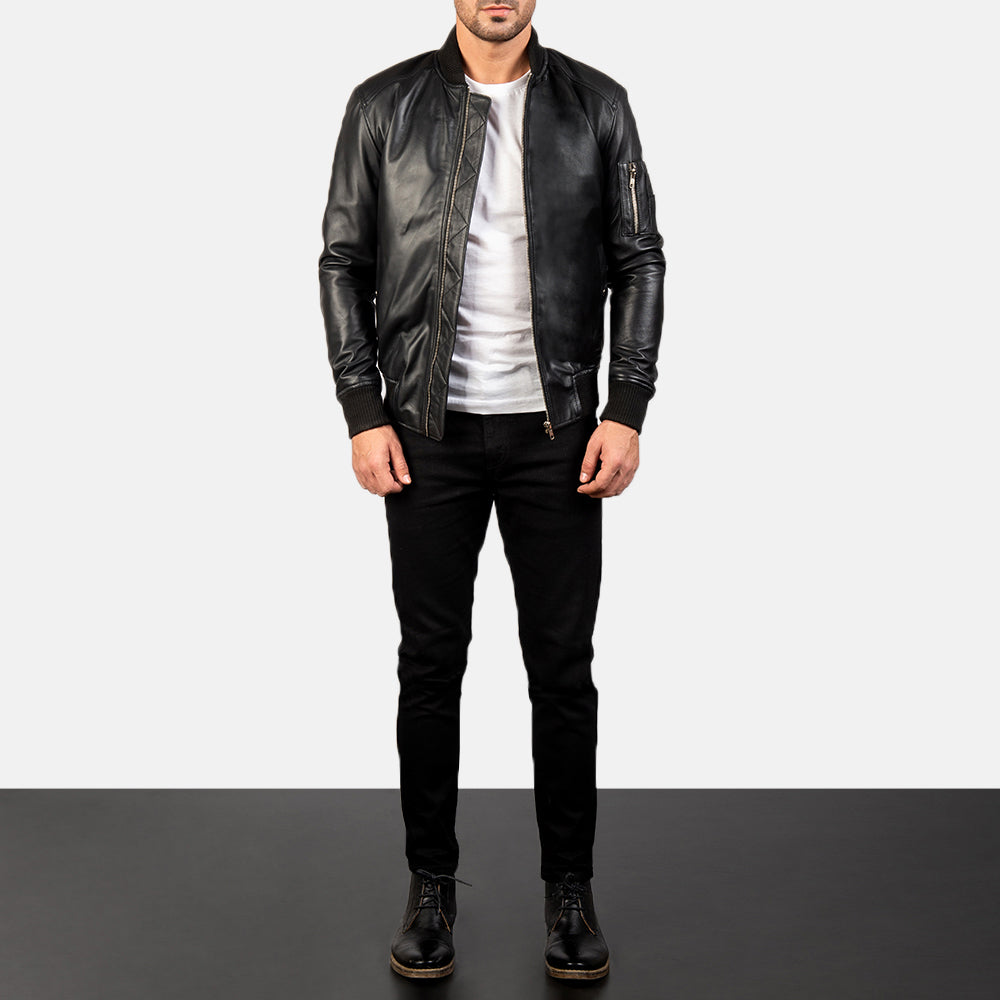 Men Black Leather Bomber Jacket - Bomber Jacket