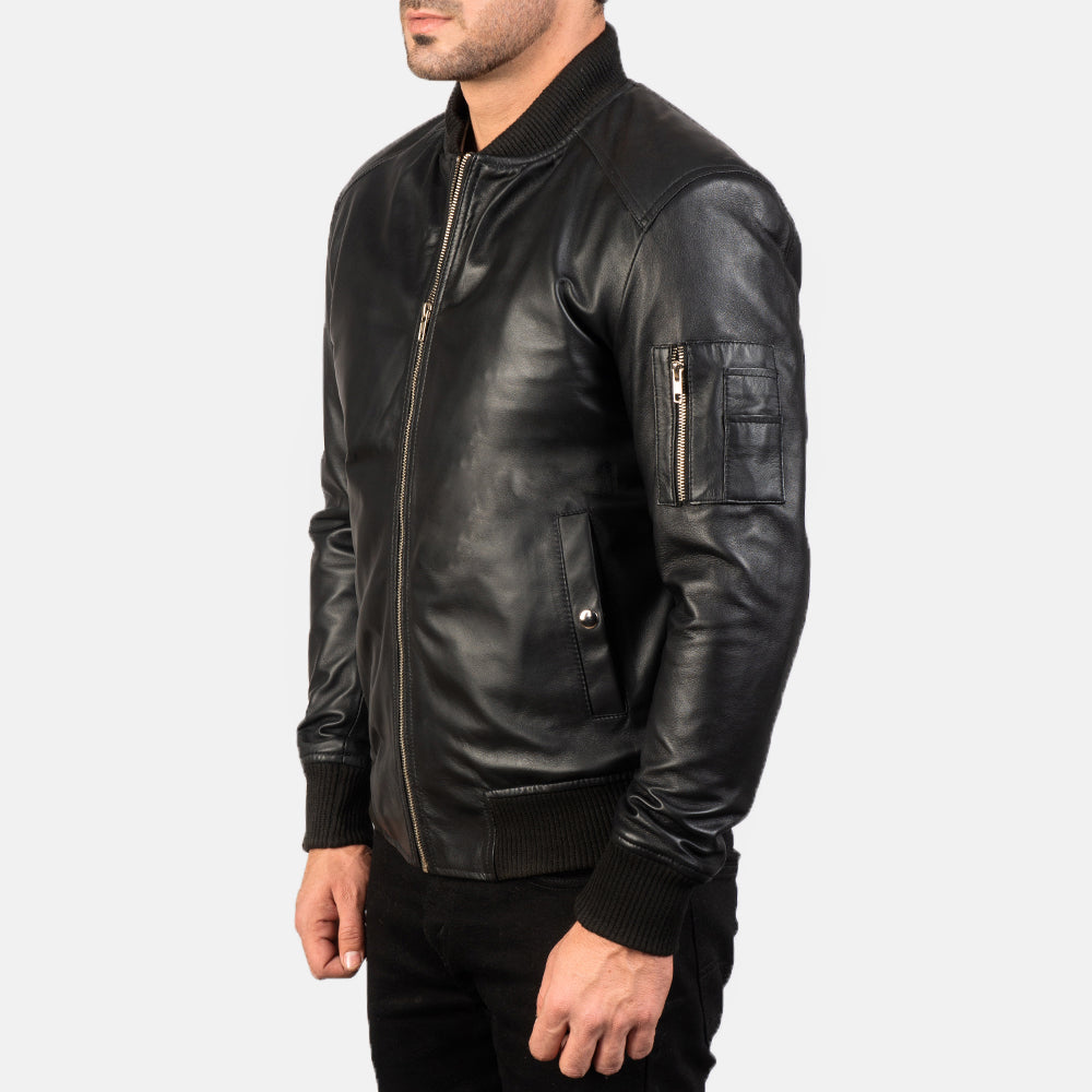 Men Black Leather Bomber Jacket - Bomber Jacket