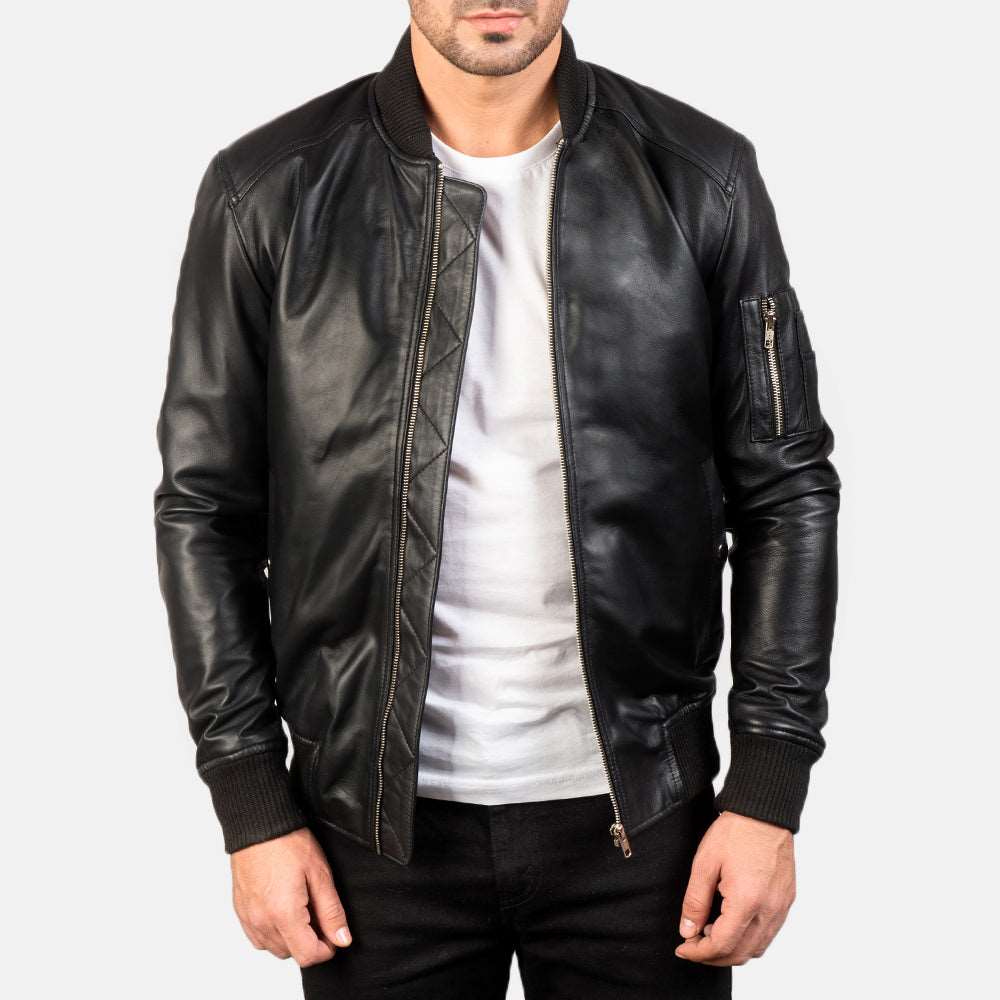 Men Black Leather Bomber Jacket - Bomber Jacket