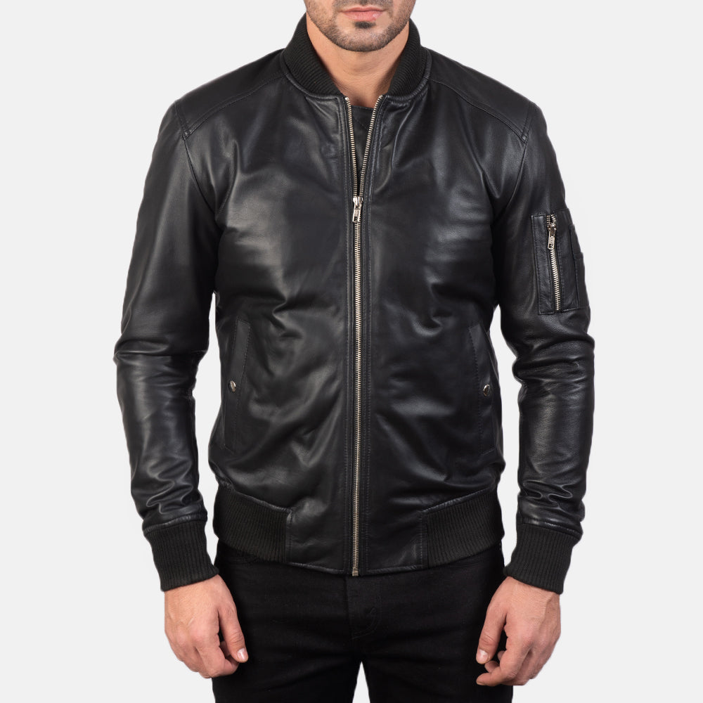 Men Black Leather Bomber Jacket - Bomber Jacket