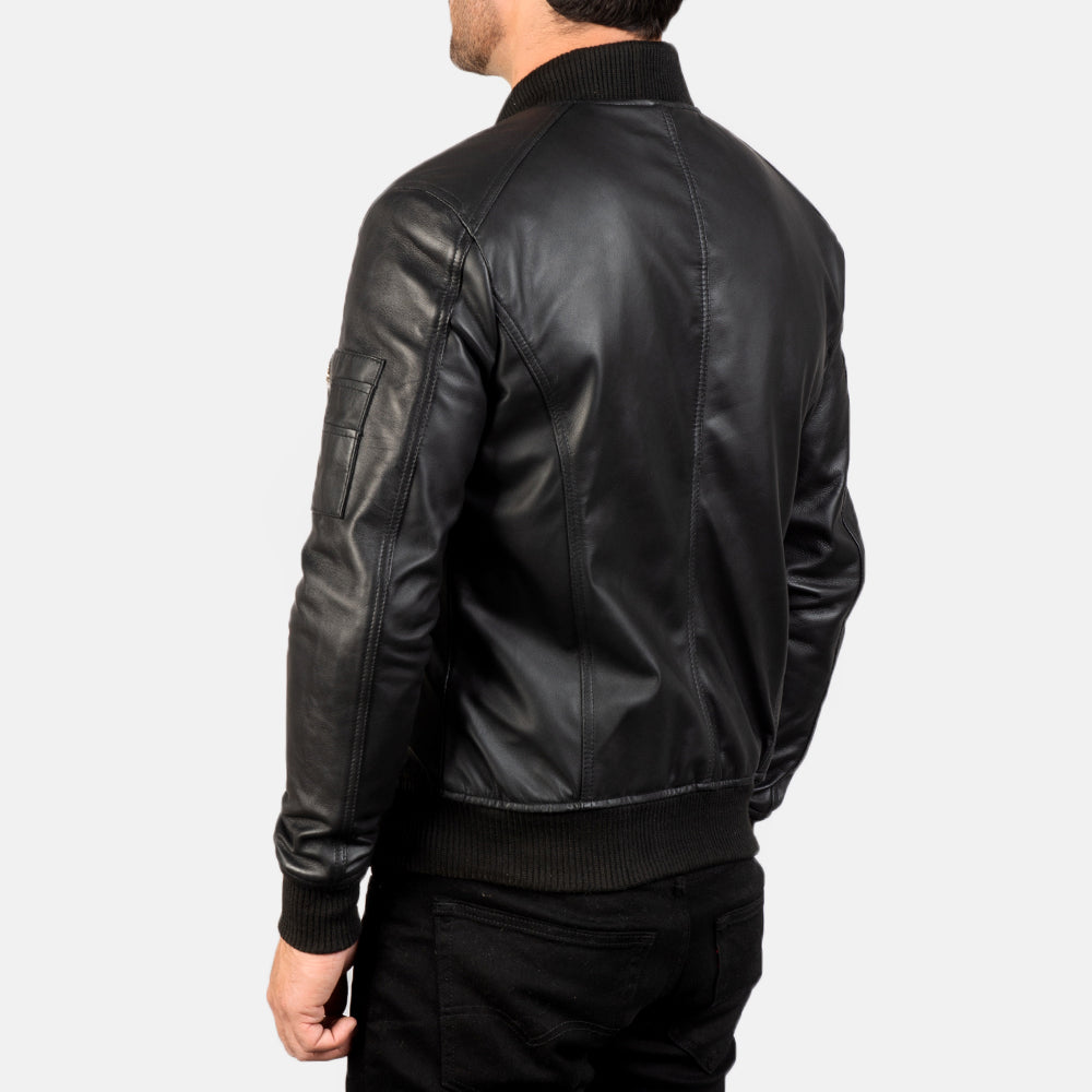 Men Black Leather Bomber Jacket - Bomber Jacket