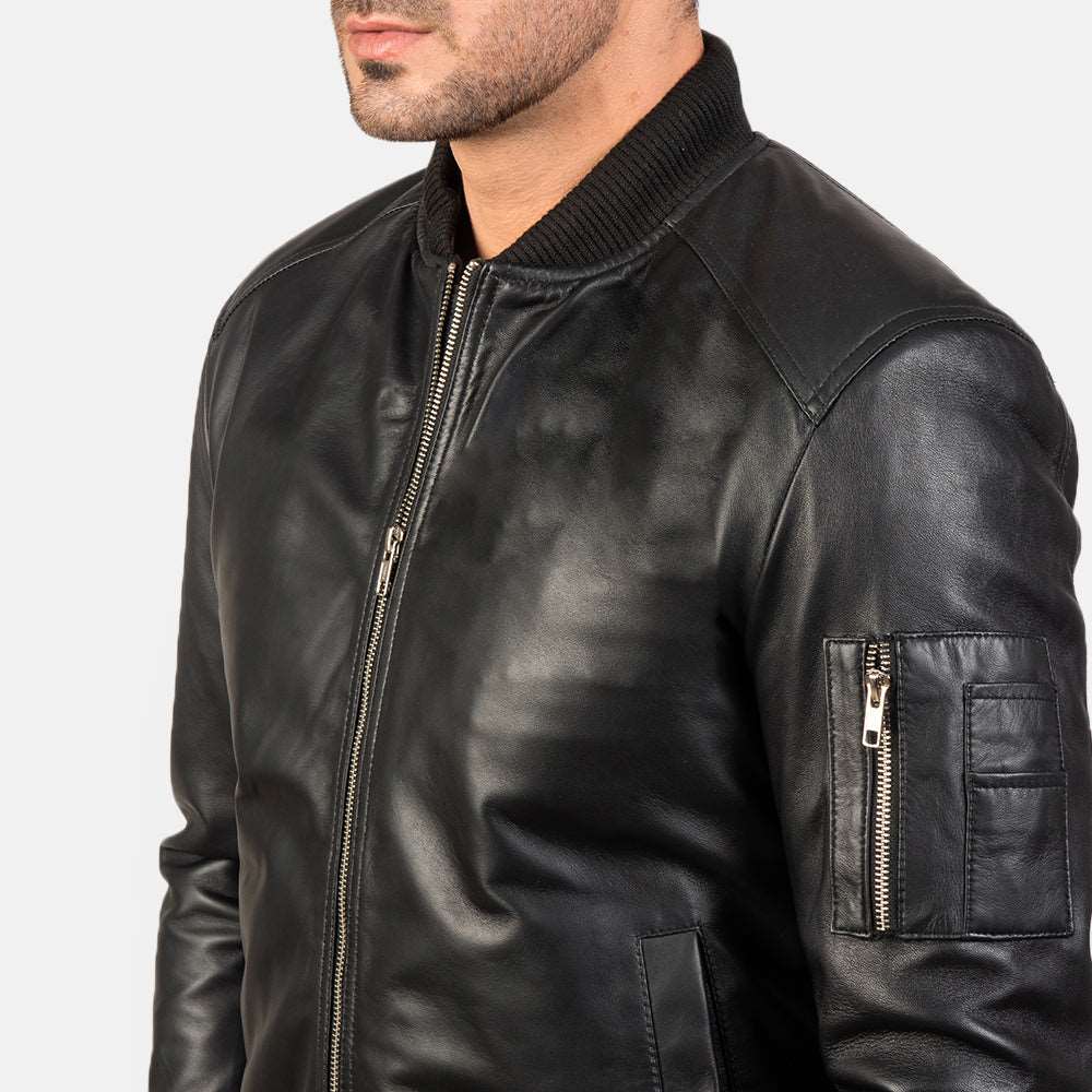 Men Black Leather Bomber Jacket - Bomber Jacket