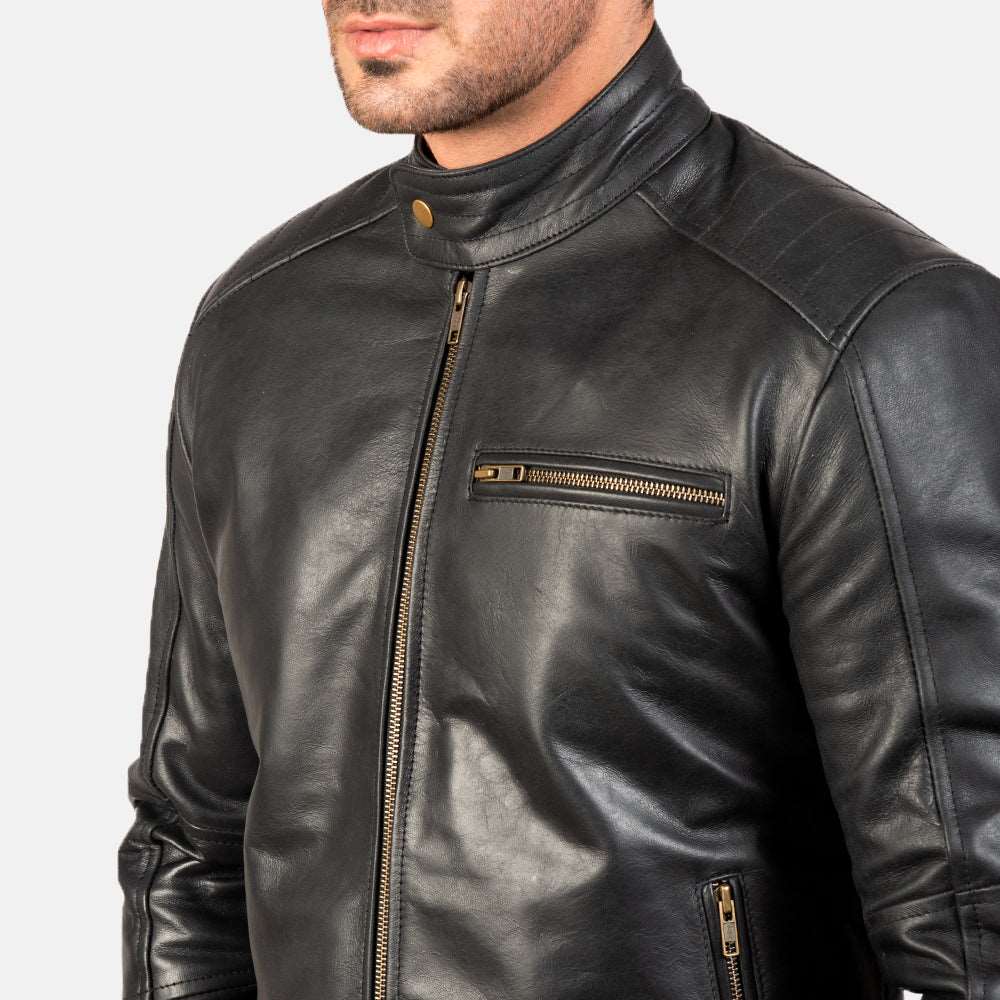 Mens Black Biker Leather Jacket - Racer Jacket