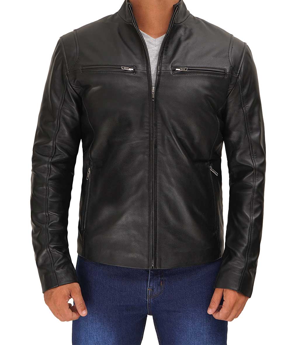 Mens Black Cafe Racer Leather Jacket With Premium Quality - Real Leather