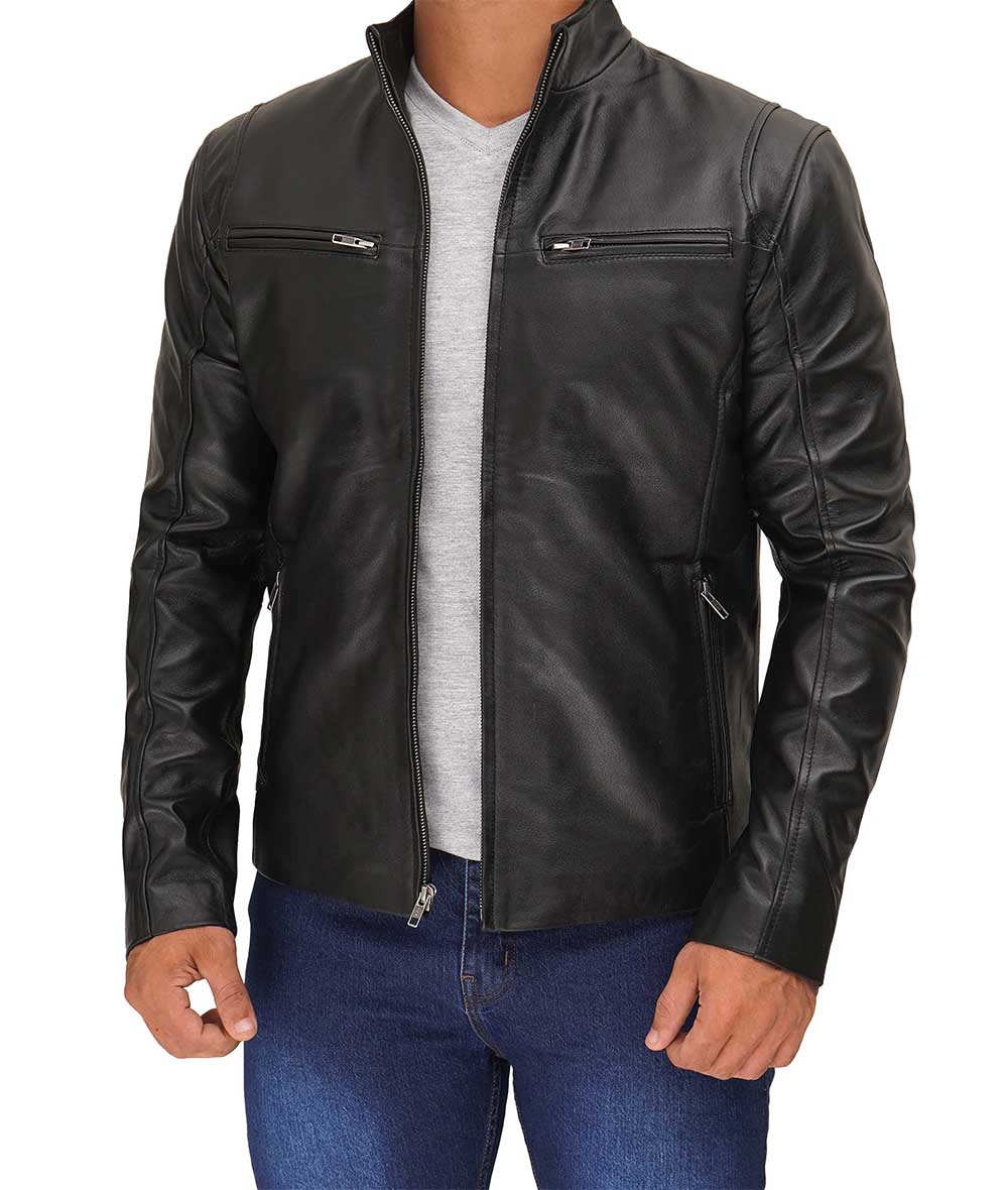 Mens Black Cafe Racer Leather Jacket With Premium Quality - Real Leather