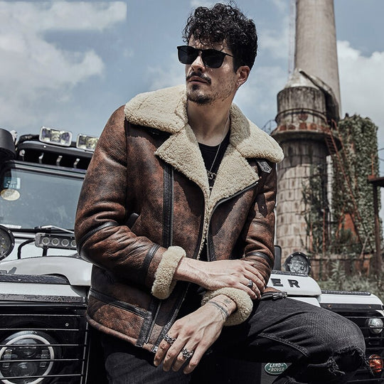 Men's B3 shearling jacket
RAF waxed brown aviator jacket
Shearling leather jacket
Aviator leather jacket for men
Winter leather jackets USA
Bomber jacket men's fashion
Vintage leather jacket
Men's flying shearling jacket
Leather shearling coat
Sheepskin aviator jacket