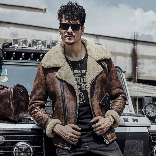 Men's B3 shearling jacket
RAF waxed brown aviator jacket
Shearling leather jacket
Aviator leather jacket for men
Winter leather jackets USA
Bomber jacket men's fashion
Vintage leather jacket
Men's flying shearling jacket
Leather shearling coat
Sheepskin aviator jacket