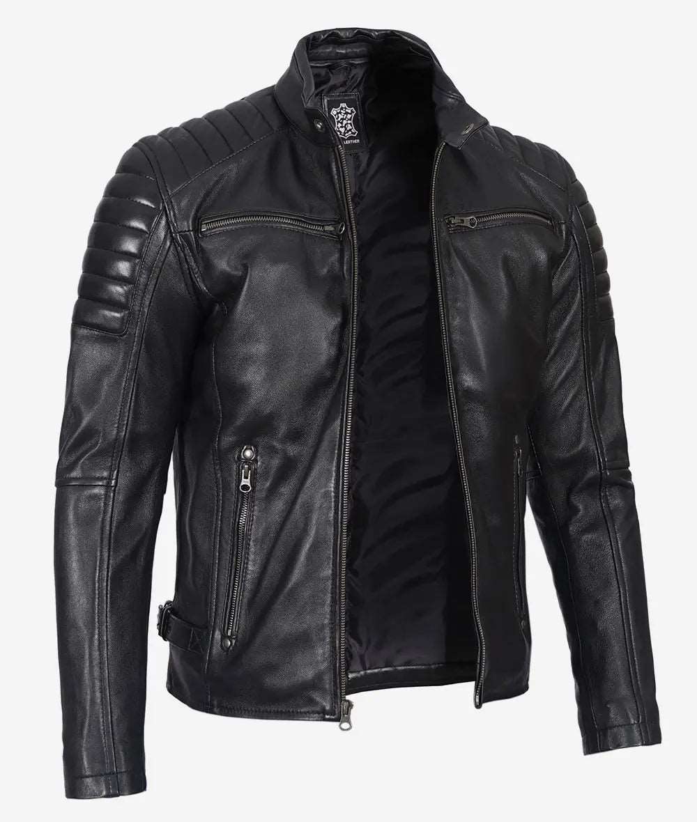 Men's Black Cafe Racer Leather Jacket - Premium Quality men's black leather jacket, cafe racer leather jacket, premium men's leather jacket, stylish men's leather jacket, high-quality leather outerwear, classic cafe racer jacket, durable men's leather jacket, timeless men's leather jacket, versatile leather jacket for men, elegant black leather jacket