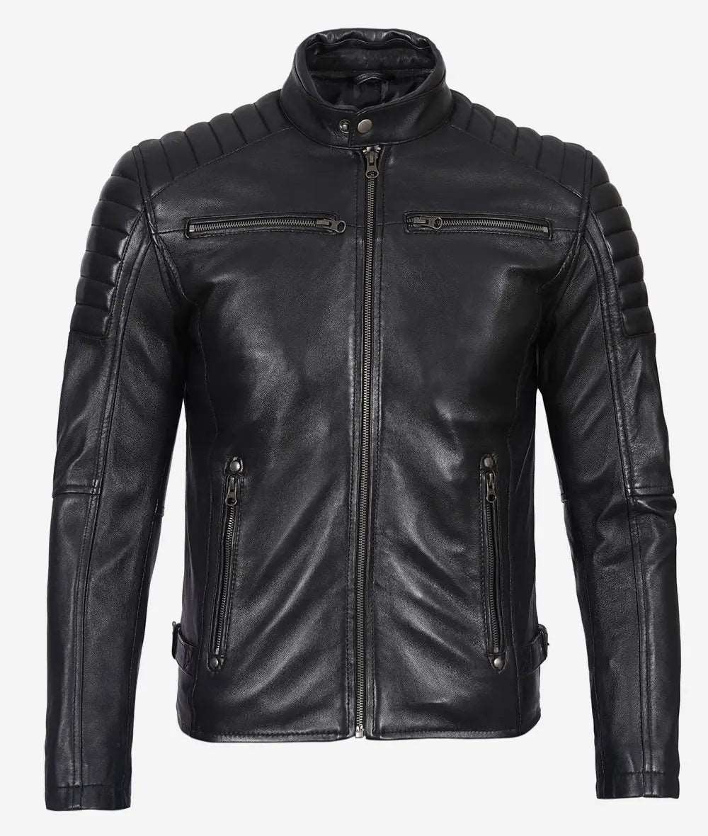 Men's Black Cafe Racer Leather Jacket - Premium Quality men's black leather jacket, cafe racer leather jacket, premium men's leather jacket, stylish men's leather jacket, high-quality leather outerwear, classic cafe racer jacket, durable men's leather jacket, timeless men's leather jacket, versatile leather jacket for men, elegant black leather jacket