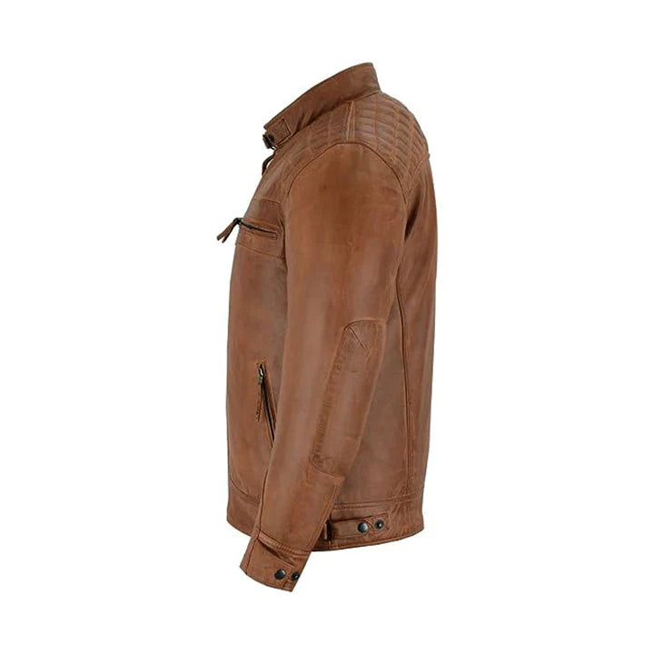 Mens Brown Leather Racer Jacket With Waxed Shaded - Genuine Leather