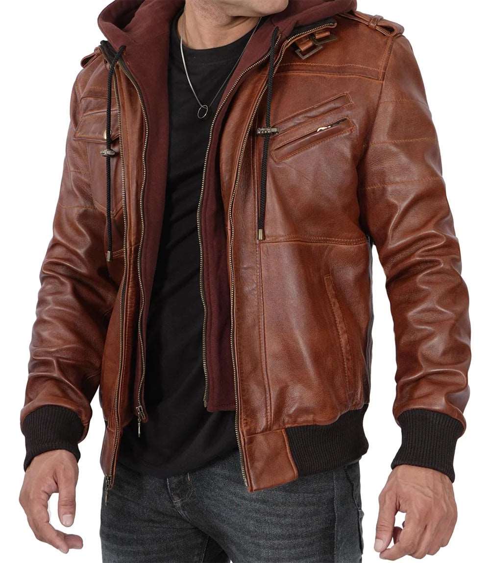 Mens Brown Hooded Real Lambskin Bomber Leather Jacket With Removable men's leather jacket, brown leather jacket, hooded leather jacket, bomber jacket, genuine leather jacket, men's bomber jacket, lambskin bomber jacket, brown bomber jacket, stylish men's leather jacket, high-quality leather jacket, men's fashion jacket, men's outerwear, leather jacket for men, men's brown leather jacket, classic leather jacket,