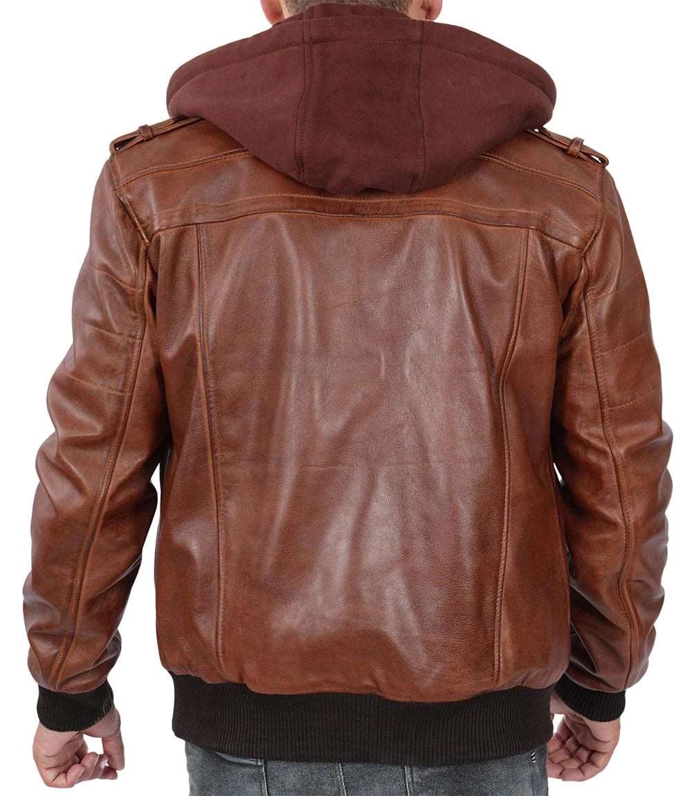 Mens Brown Hooded Real Lambskin Bomber Leather Jacket With Removable men's leather jacket, brown leather jacket, hooded leather jacket, bomber jacket, genuine leather jacket, men's bomber jacket, lambskin bomber jacket, brown bomber jacket, stylish men's leather jacket, high-quality leather jacket, men's fashion jacket, men's outerwear, leather jacket for men, men's brown leather jacket, classic leather jacket,