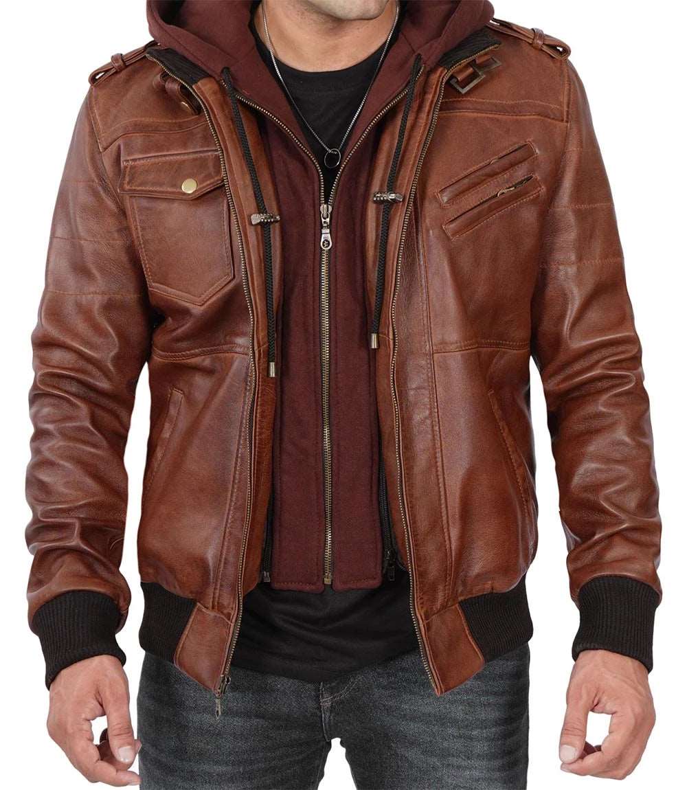 Mens Brown Hooded Real Lambskin Bomber Leather Jacket With Removable men's leather jacket, brown leather jacket, hooded leather jacket, bomber jacket, genuine leather jacket, men's bomber jacket, lambskin bomber jacket, brown bomber jacket, stylish men's leather jacket, high-quality leather jacket, men's fashion jacket, men's outerwear, leather jacket for men, men's brown leather jacket, classic leather jacket,