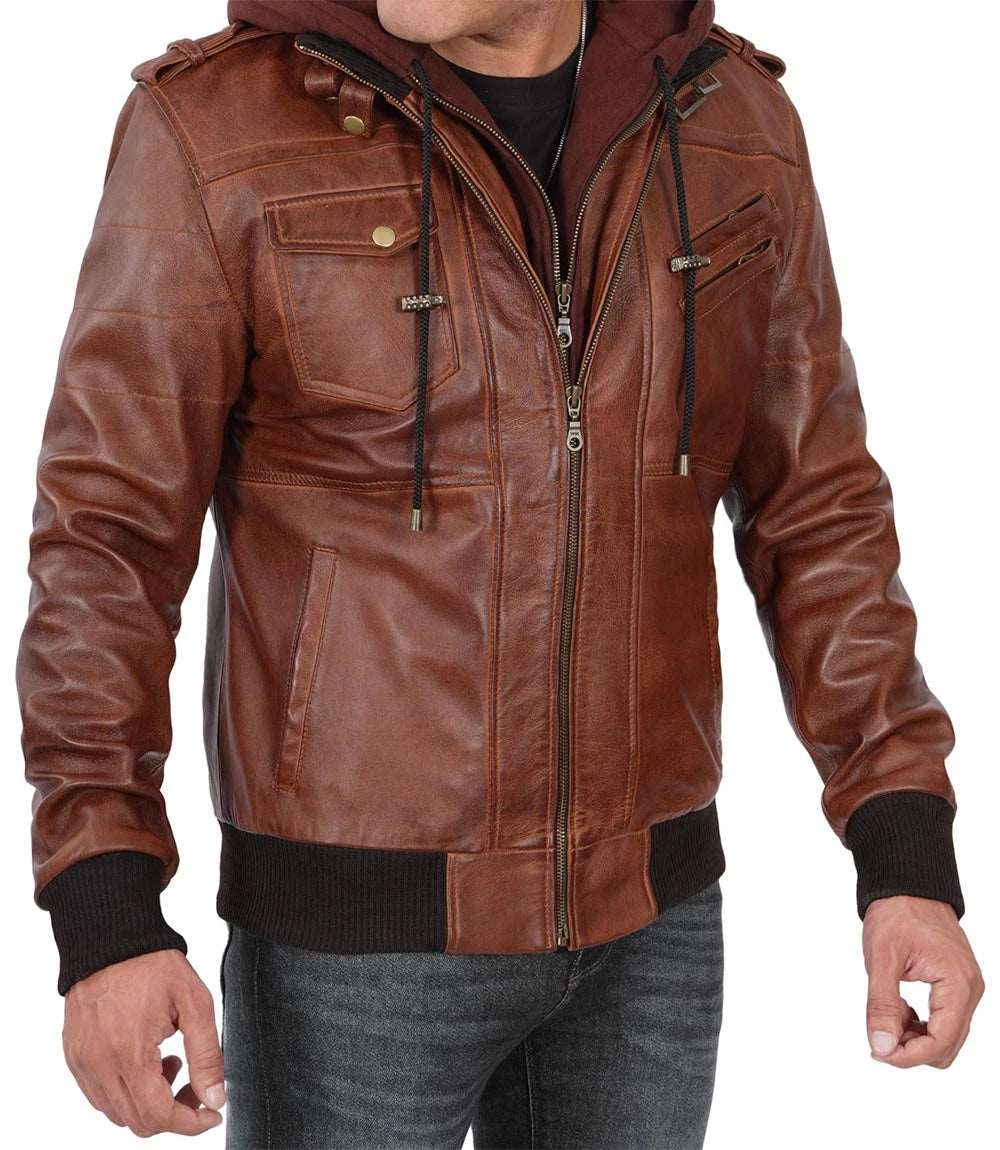 Mens Brown Hooded Real Lambskin Bomber Leather Jacket With Removable men's leather jacket, brown leather jacket, hooded leather jacket, bomber jacket, genuine leather jacket, men's bomber jacket, lambskin bomber jacket, brown bomber jacket, stylish men's leather jacket, high-quality leather jacket, men's fashion jacket, men's outerwear, leather jacket for men, men's brown leather jacket, classic leather jacket,