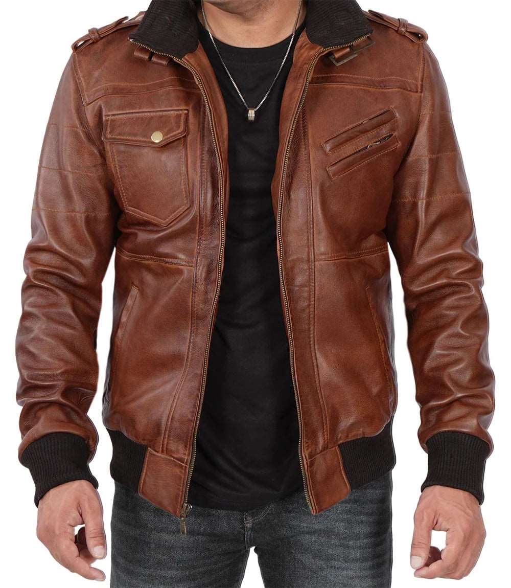 Mens Brown Hooded Real Lambskin Bomber Leather Jacket With Removable men's leather jacket, brown leather jacket, hooded leather jacket, bomber jacket, genuine leather jacket, men's bomber jacket, lambskin bomber jacket, brown bomber jacket, stylish men's leather jacket, high-quality leather jacket, men's fashion jacket, men's outerwear, leather jacket for men, men's brown leather jacket, classic leather jacket,