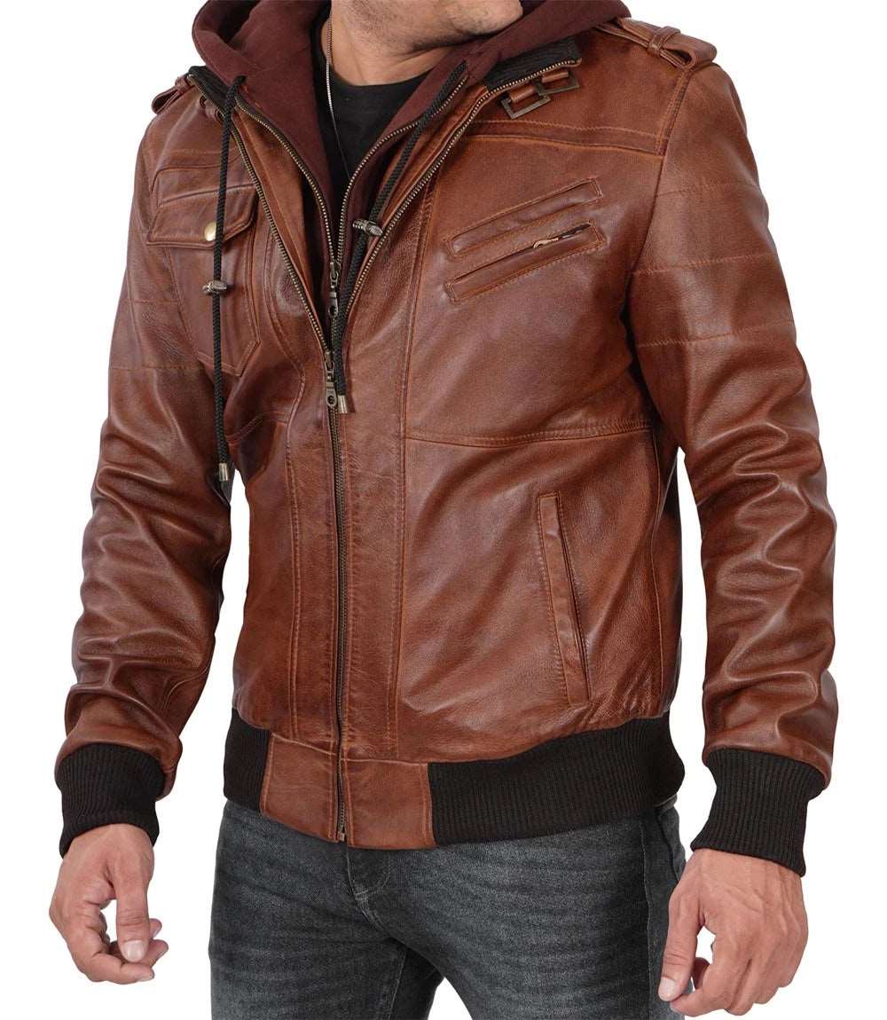 Mens Brown Hooded Real Lambskin Bomber Leather Jacket With Removable men's leather jacket, brown leather jacket, hooded leather jacket, bomber jacket, genuine leather jacket, men's bomber jacket, lambskin bomber jacket, brown bomber jacket, stylish men's leather jacket, high-quality leather jacket, men's fashion jacket, men's outerwear, leather jacket for men, men's brown leather jacket, classic leather jacket,