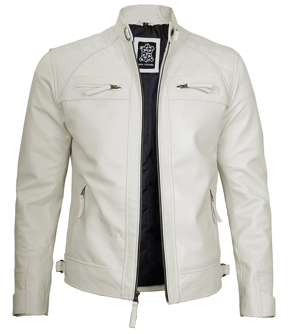 Mens Cafe Racer White Quilted Leather Jacket - White Jacket