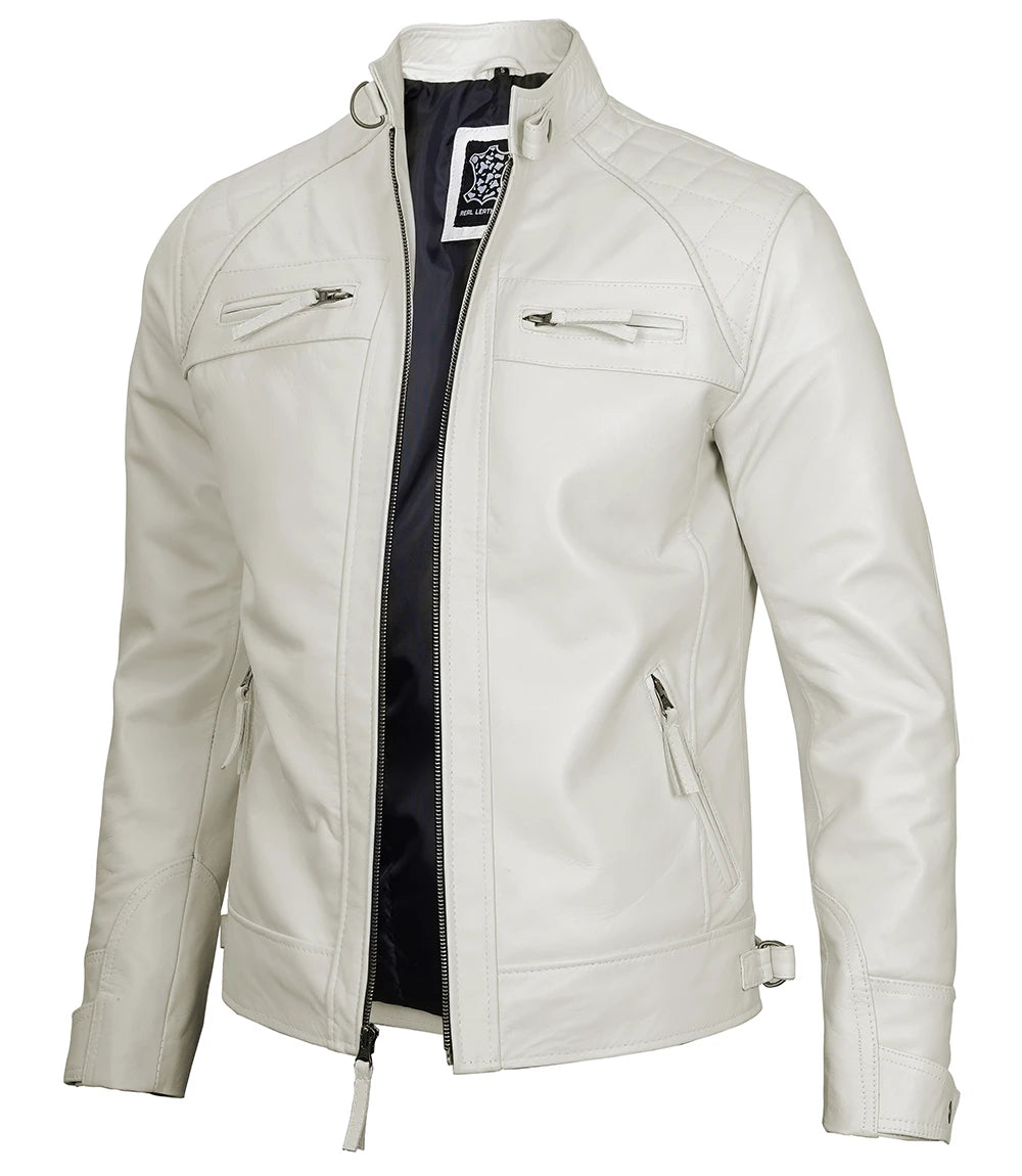 Mens Cafe Racer White Quilted Leather Jacket - White Jacket