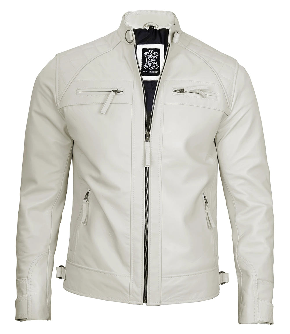 Mens Cafe Racer White Quilted Leather Jacket - White Jacket