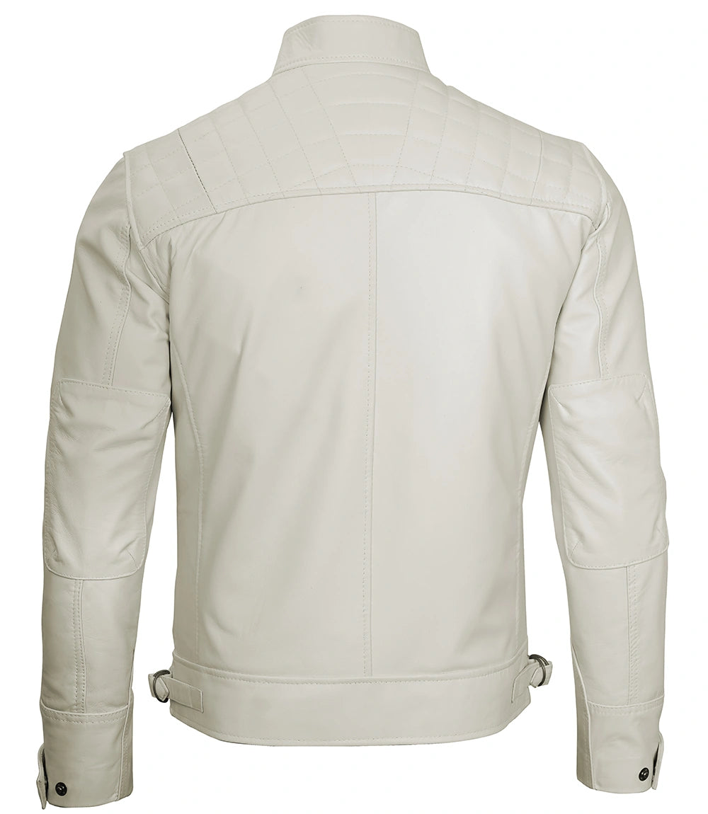 Mens Cafe Racer White Quilted Leather Jacket - White Jacket