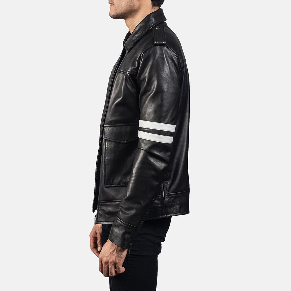Mens DragonHide Black Leather Jacket With White Stripes - Premium Leather