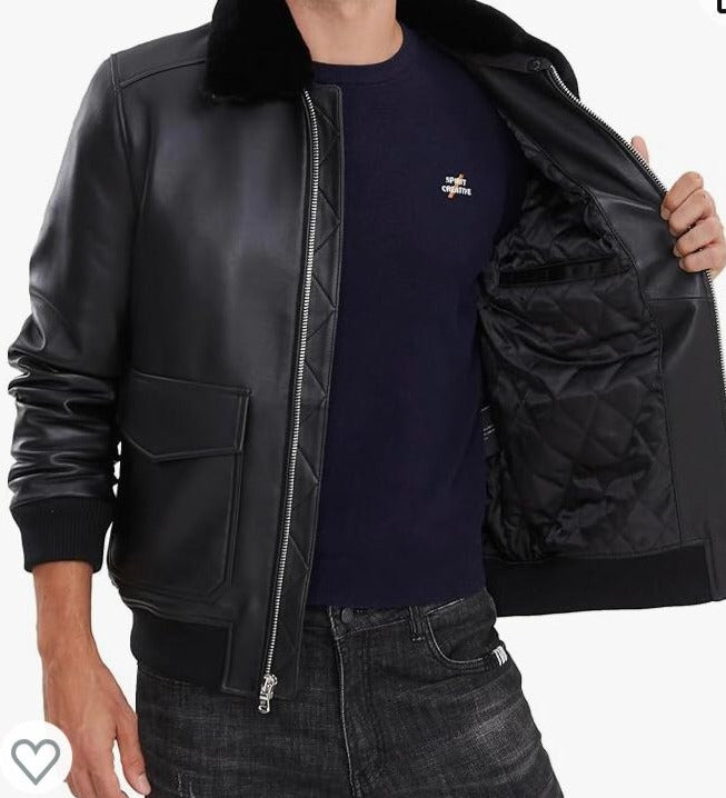 Mens Fur Collar Bomber leather Jacket - Real Leather Jacket