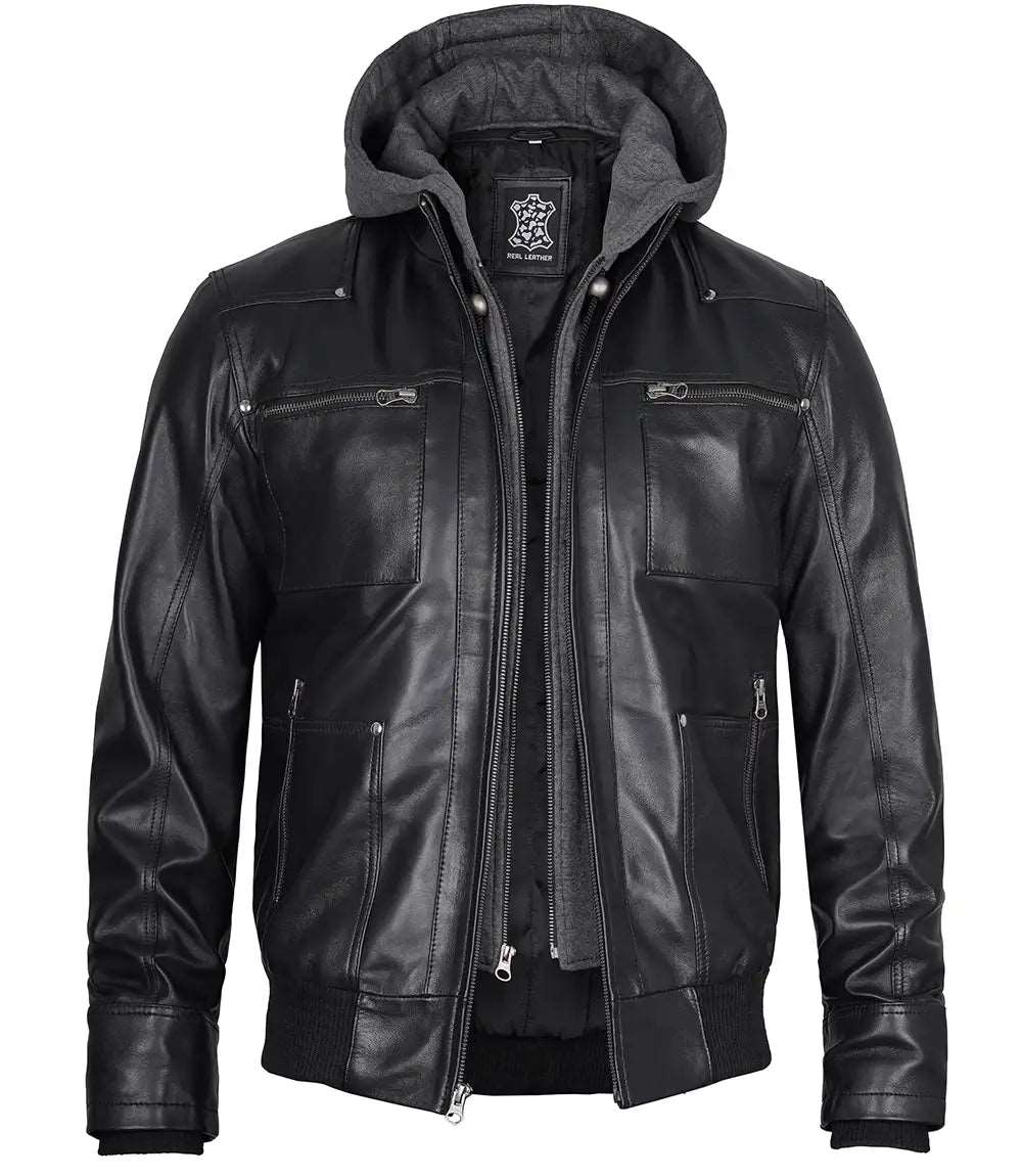 Mens Hooded Black Leather Bomber Jacket WIth Removable Hood Mens Hooded Black Leather Bomber Jacket, Black Leather Bomber Jacket for Men, Mens Bomber Jacket with Removable Hood, Stylish Men's Leather Jacket, High-Quality Leather Jacket for Men, Versatile Men's Leather Jacket, Premium Black Leather Bomber Jacket, Men's Fashion Leather Outerwear, Comfortable Men's Leather Jacket, Trendy Men's Bomber Jacket