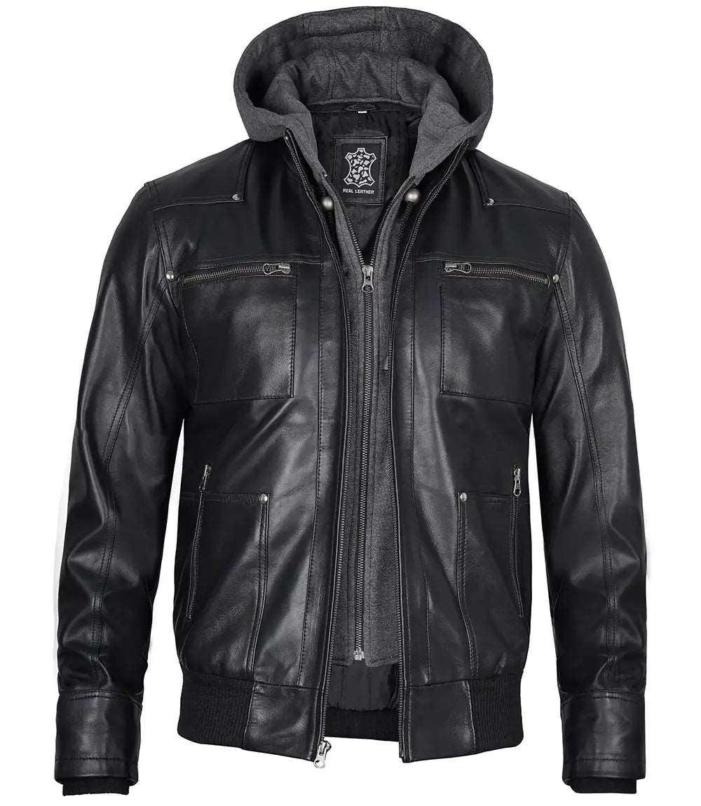 Mens Hooded Black Leather Bomber Jacket WIth Removable Hood Mens Hooded Black Leather Bomber Jacket, Black Leather Bomber Jacket for Men, Mens Bomber Jacket with Removable Hood, Stylish Men's Leather Jacket, High-Quality Leather Jacket for Men, Versatile Men's Leather Jacket, Premium Black Leather Bomber Jacket, Men's Fashion Leather Outerwear, Comfortable Men's Leather Jacket, Trendy Men's Bomber Jacket