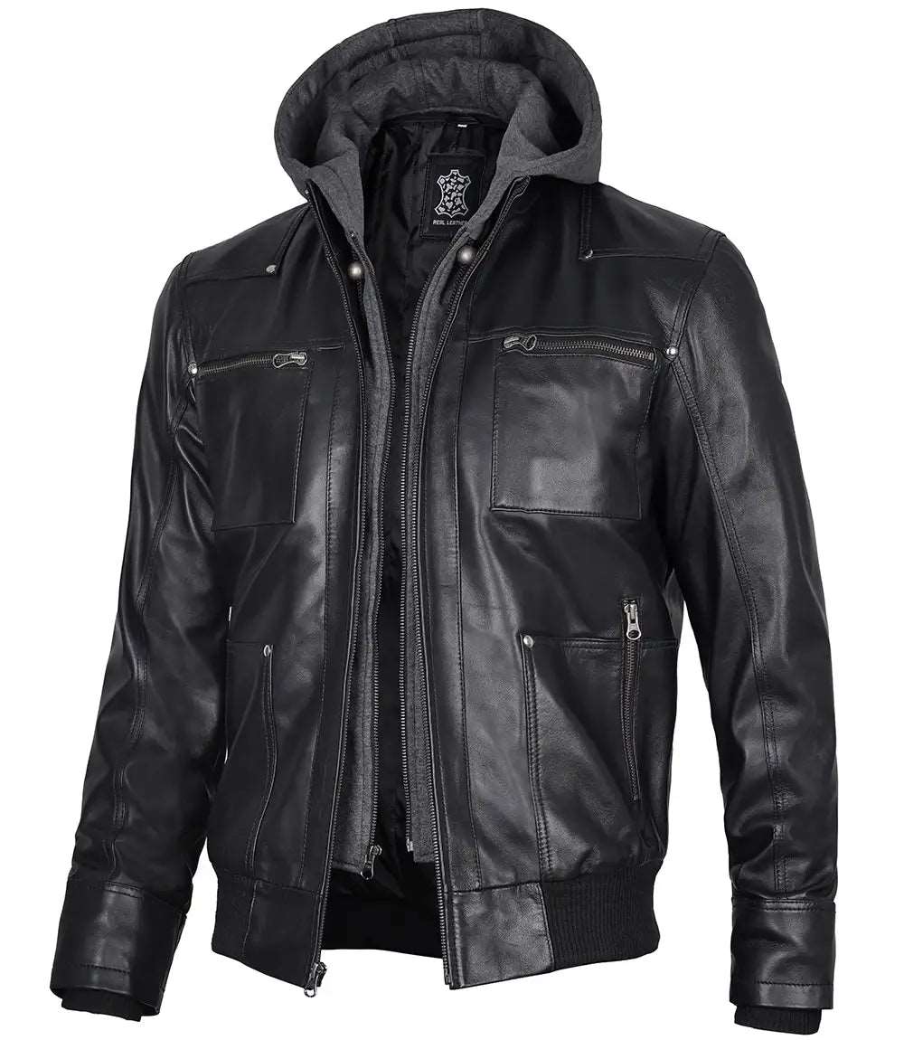 Mens Hooded Black Leather Bomber Jacket WIth Removable Hood Mens Hooded Black Leather Bomber Jacket, Black Leather Bomber Jacket for Men, Mens Bomber Jacket with Removable Hood, Stylish Men's Leather Jacket, High-Quality Leather Jacket for Men, Versatile Men's Leather Jacket, Premium Black Leather Bomber Jacket, Men's Fashion Leather Outerwear, Comfortable Men's Leather Jacket, Trendy Men's Bomber Jacket