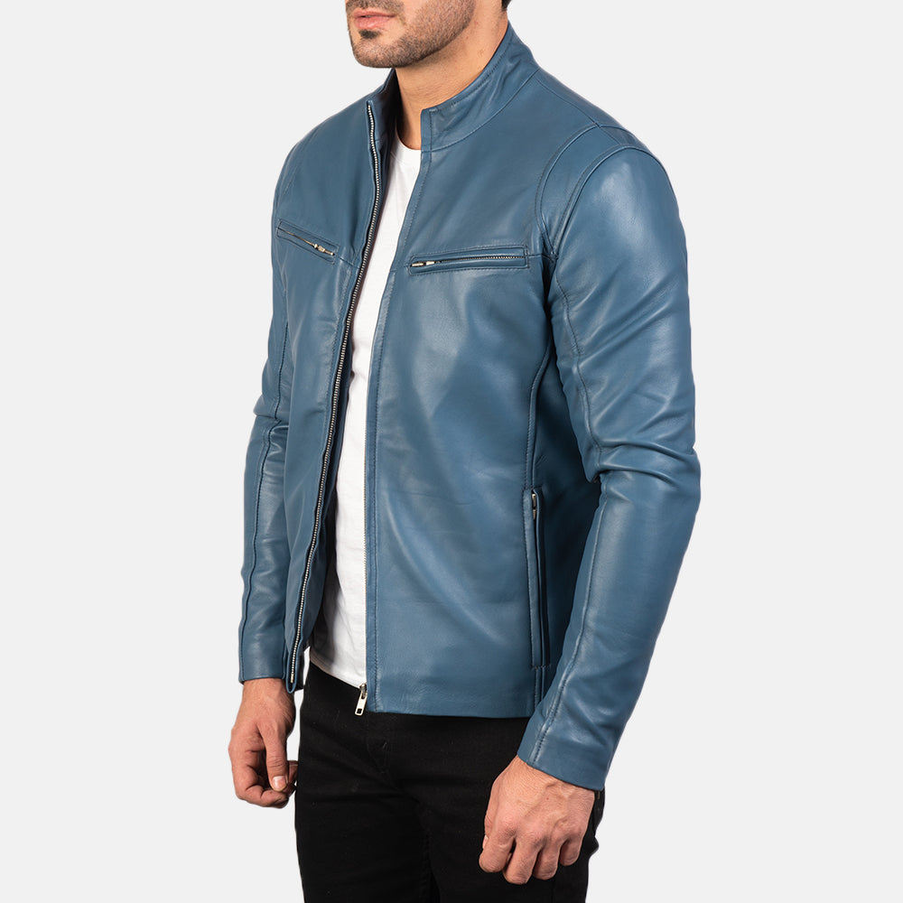 Classic Blue Leather Racer Jacket For Mens - Blue Leather Biker Jacket