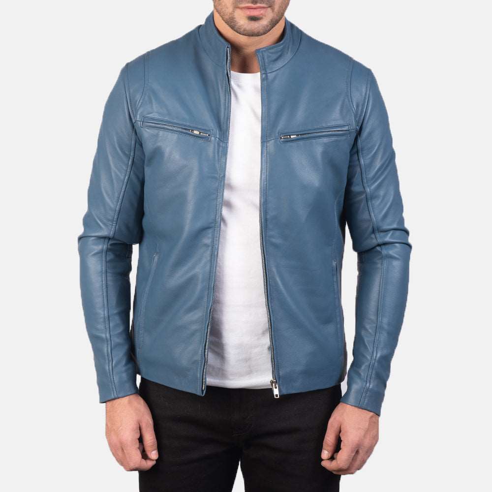 Classic Blue Leather Racer Jacket For Mens - Blue Leather Biker Jacket