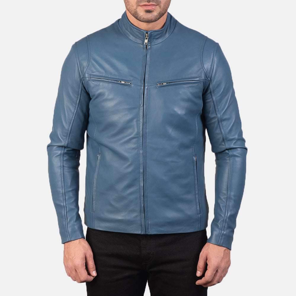 Classic Blue Leather Racer Jacket For Mens - Blue Leather Biker Jacket