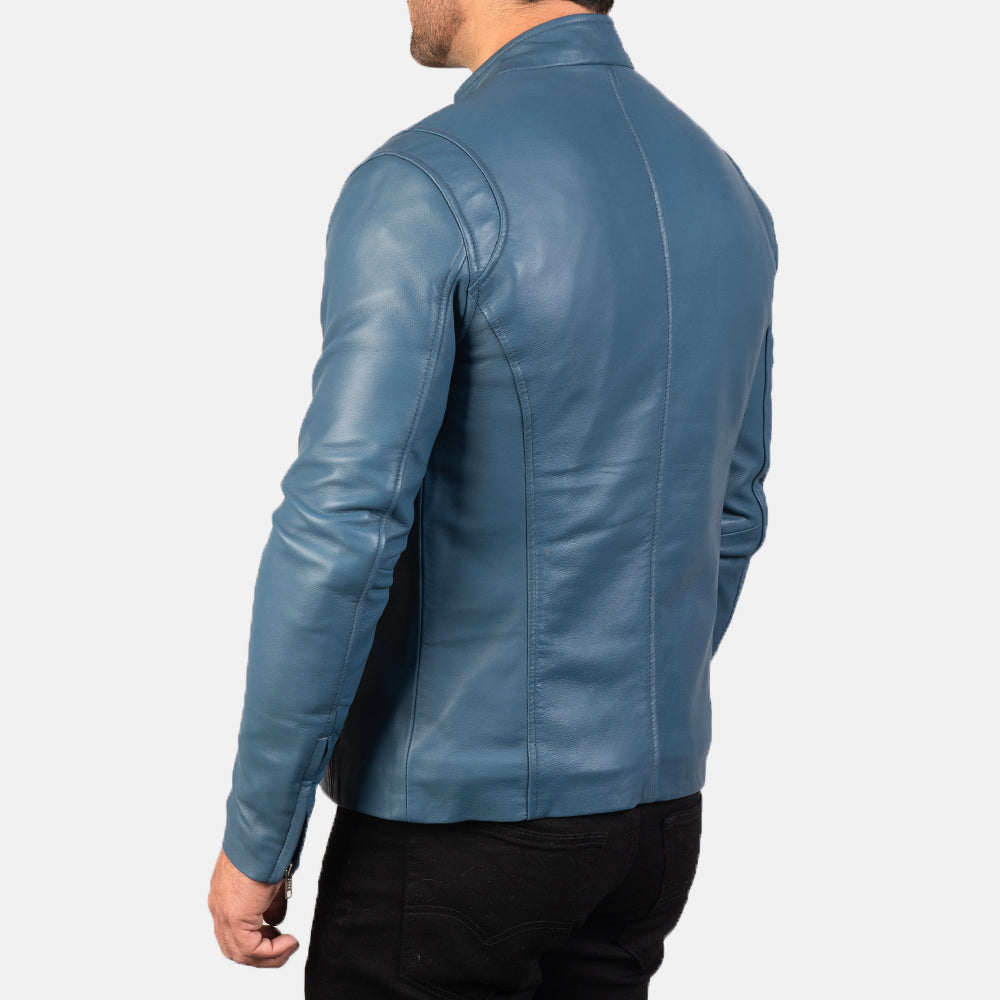 Classic Blue Leather Racer Jacket For Mens - Blue Leather Biker Jacket