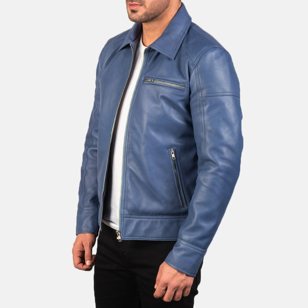 Mens Lavender Blue Leather Biker Jacket With Shirt Collar