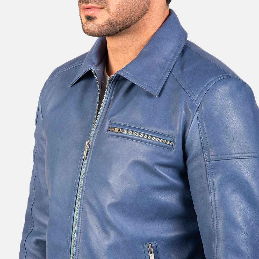Mens Lavender Blue Leather Biker Jacket With Shirt Collar