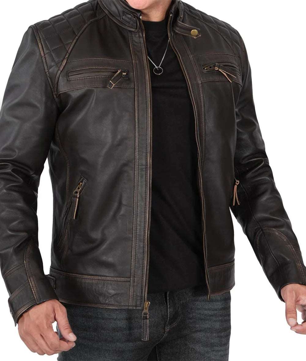 Mens Quilted Distressed Brown Leather Biker Jacket - Racer JacketLeather jackit