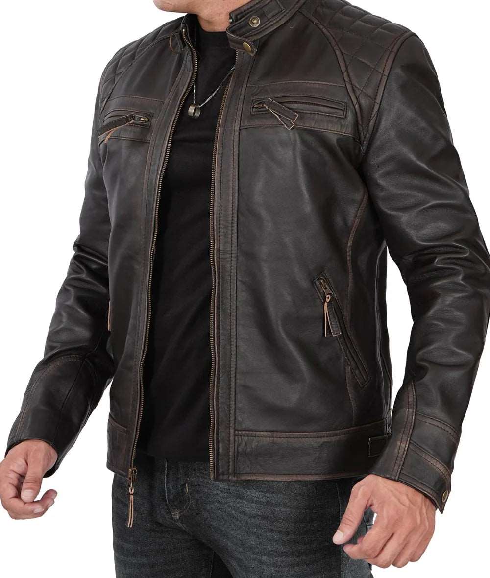 Mens Quilted Distressed Brown Leather Biker Jacket - Racer Jacket Leather jackit