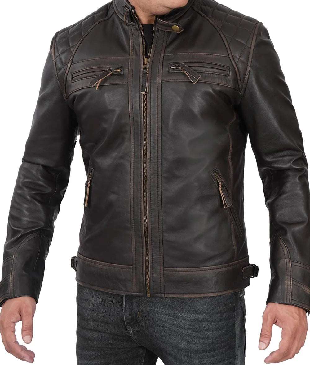 Mens Quilted Distressed Brown Leather Biker Jacket - Racer Jacket Leather jackit