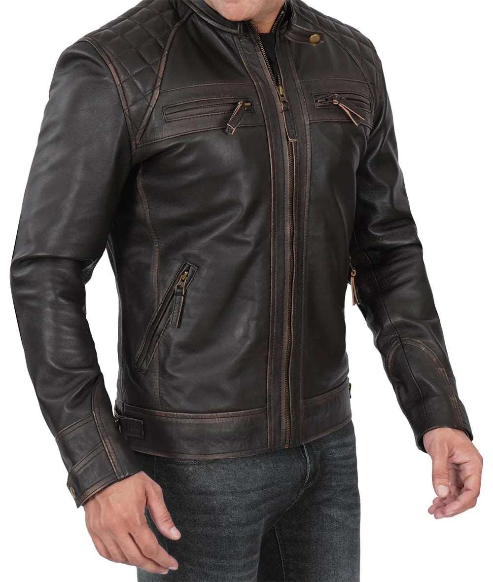 Mens Quilted Distressed Brown Leather Biker Jacket - Racer Jacket Leather jackit