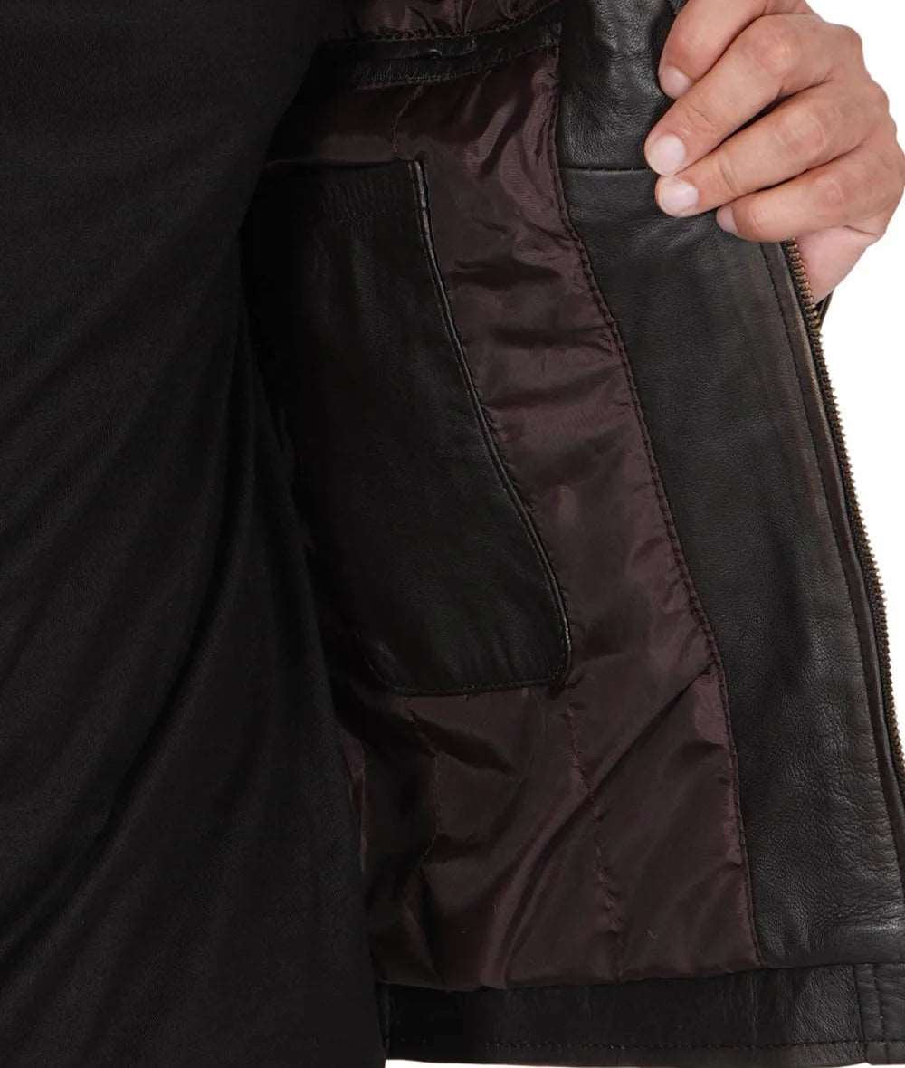 Mens Quilted Distressed Brown Leather Biker Jacket - Racer Jacket Leather jackit