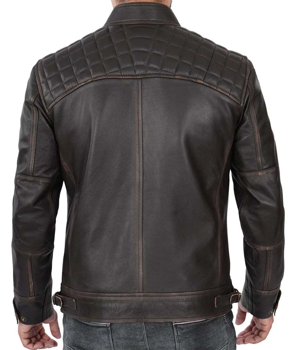 Mens Quilted Distressed Brown Leather Biker Jacket - Racer Jacket Leather jackit