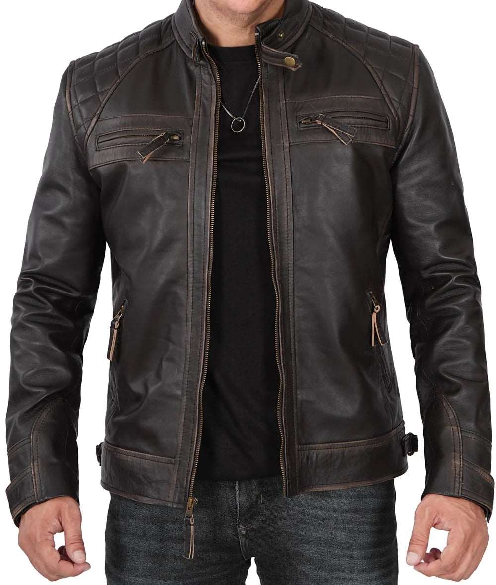 Mens Quilted Distressed  Brown Leather Biker Jacket  - Racer JacketLeather jackit